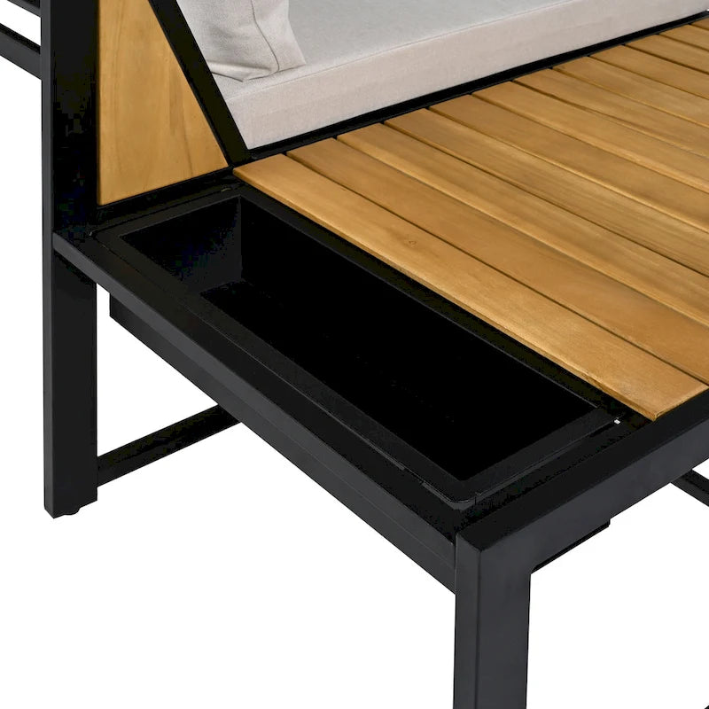 Ensemble de canapé d'angle en fer forgé 4 pièces pour terrasse, avec table basse et étagère de rangement latérale.