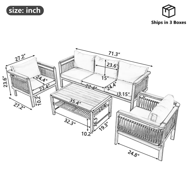 Ensemble de salon de jardin 4 pièces avec coussins et 1 table basse