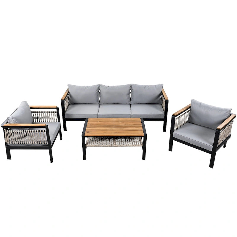 Ensemble de salon de jardin 4 pièces avec coussins et 1 table basse
