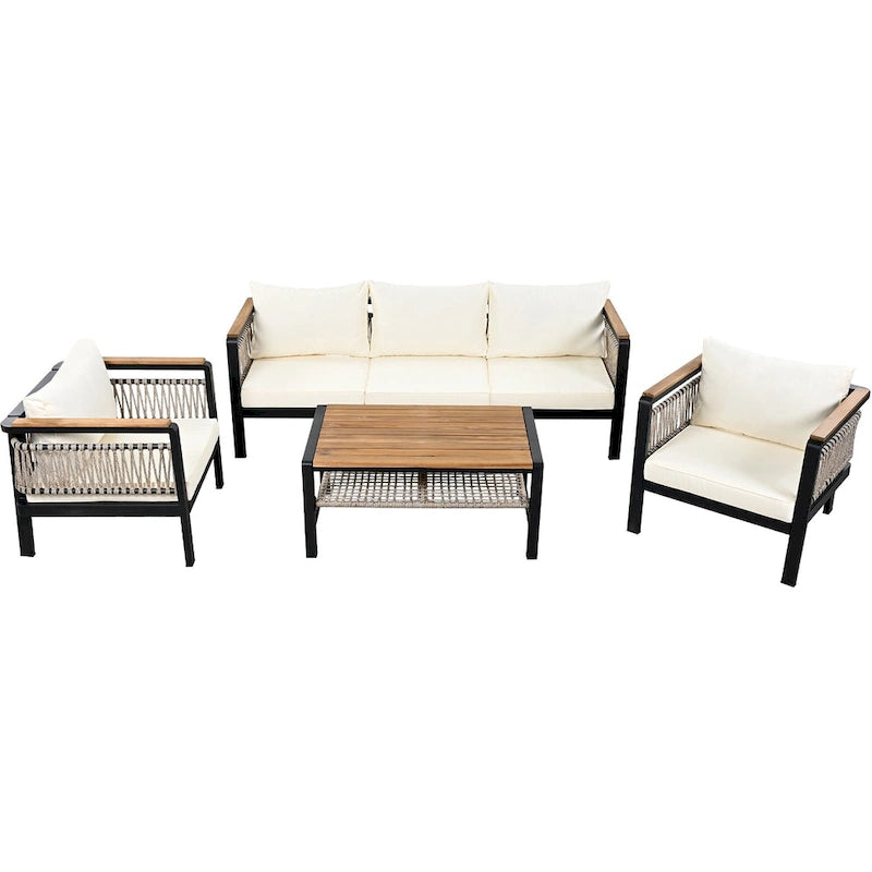 Ensemble de salon de jardin 4 pièces avec coussins et 1 table basse