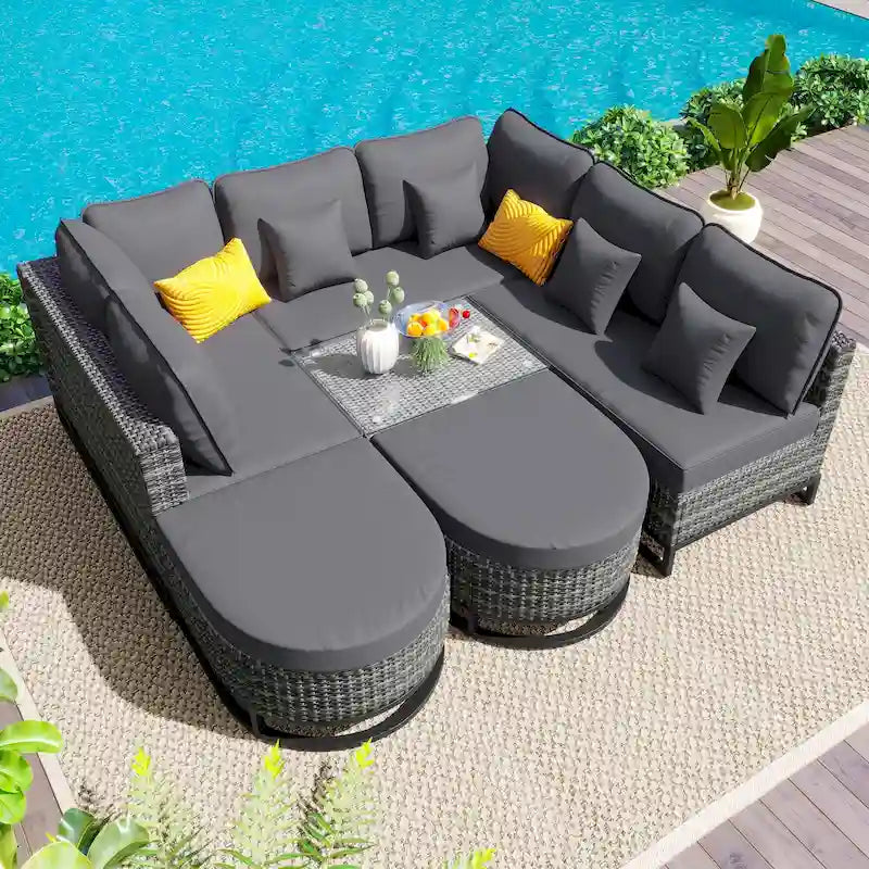 Ensemble de canapé en osier 7 pièces de grande taille avec 2 tables basses et coussins