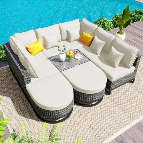 Ensemble de canapé en osier 7 pièces de grande taille avec 2 tables basses et coussins