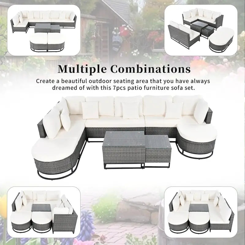 Ensemble de canapé en osier 7 pièces de grande taille avec 2 tables basses et coussins