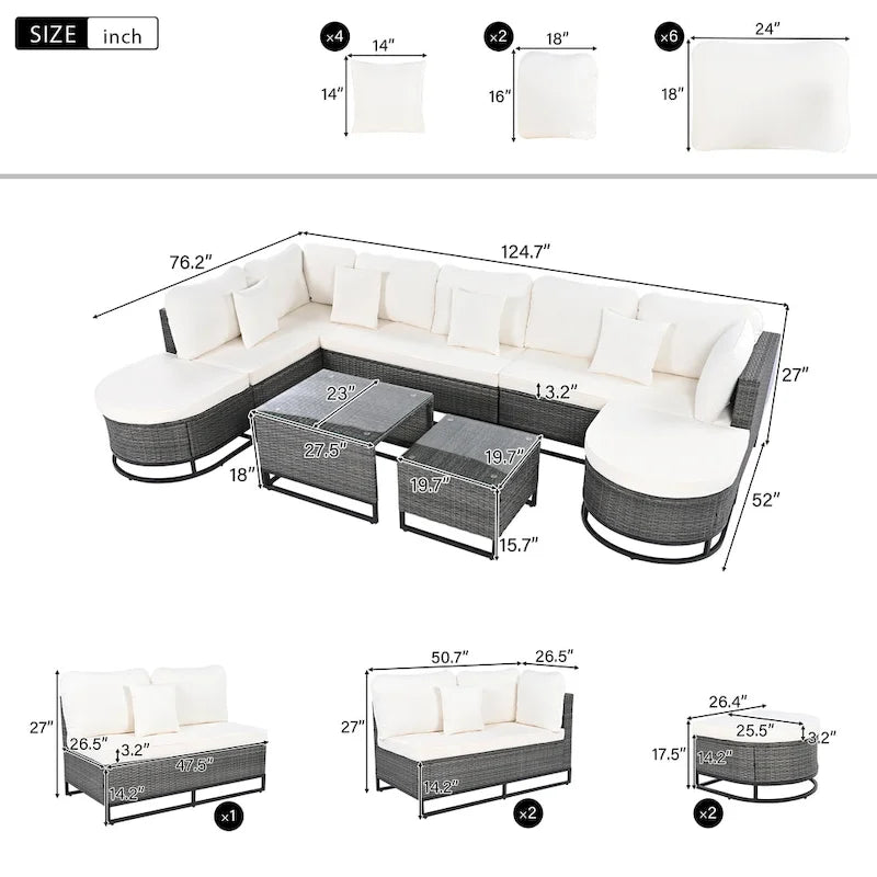 Ensemble de canapé en osier 7 pièces de grande taille avec 2 tables basses et coussins
