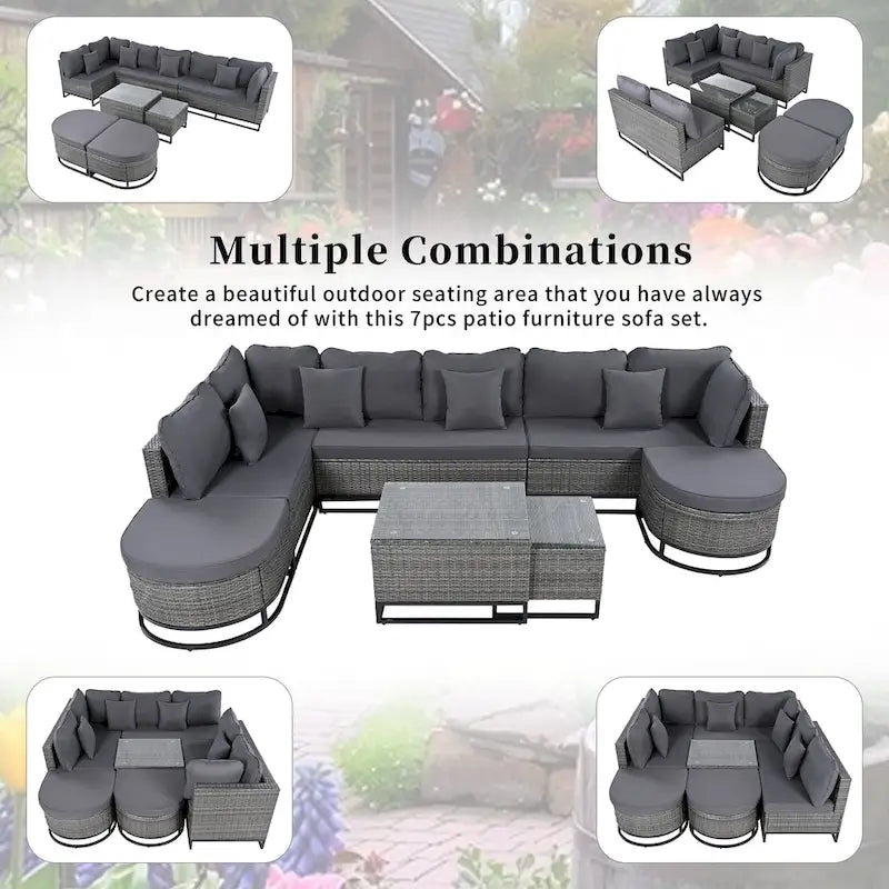 Ensemble de canapé en osier 7 pièces de grande taille avec 2 tables basses et coussins