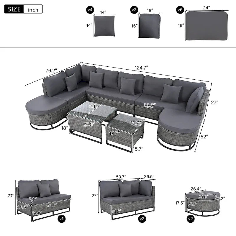 Ensemble de canapé en osier 7 pièces de grande taille avec 2 tables basses et coussins