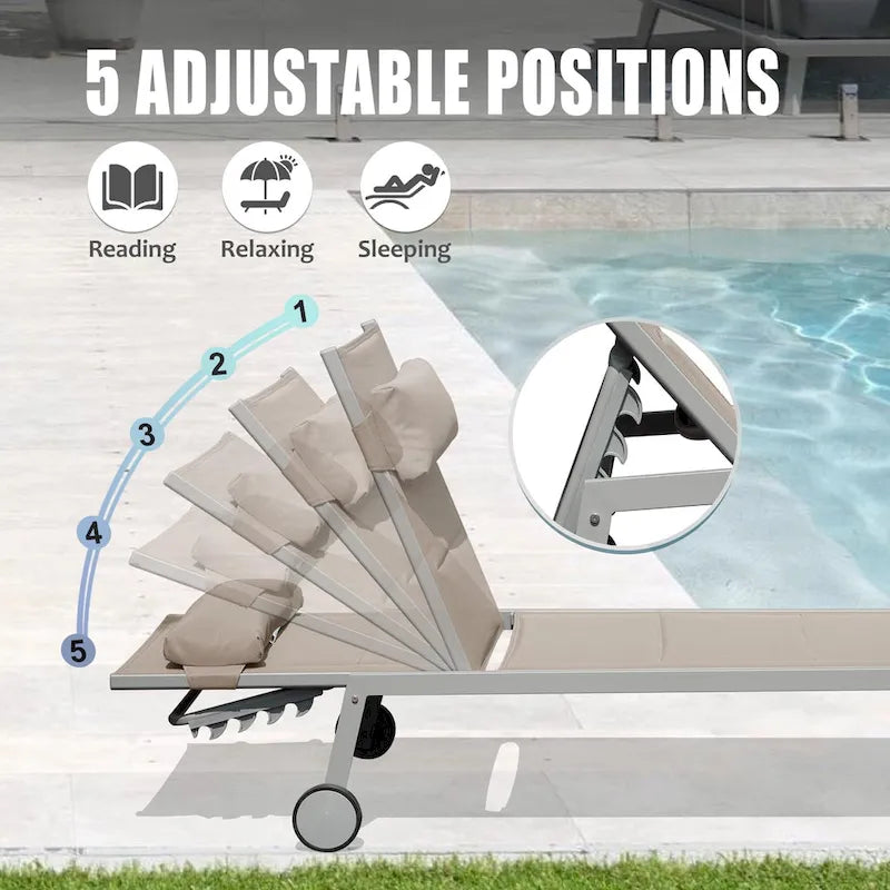 Ensemble de 3 chaises longues d'extérieur en aluminium avec table d'appoint et roulettes, fauteuil inclinable rembourré et réglable pour piscine, plage