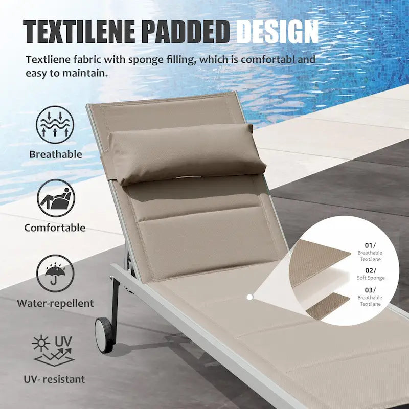 Ensemble de 3 chaises longues d'extérieur en aluminium avec table d'appoint et roulettes, fauteuil inclinable rembourré et réglable pour piscine, plage