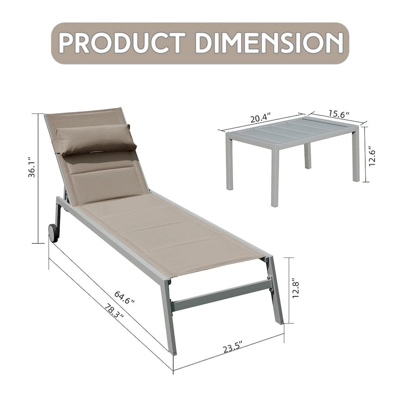Ensemble de 3 chaises longues d'extérieur en aluminium avec table d'appoint et roulettes, fauteuil inclinable rembourré et réglable pour piscine, plage