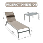 Ensemble de 3 chaises longues d'extérieur en aluminium avec table d'appoint et roulettes, fauteuil inclinable rembourré et réglable pour piscine, plage