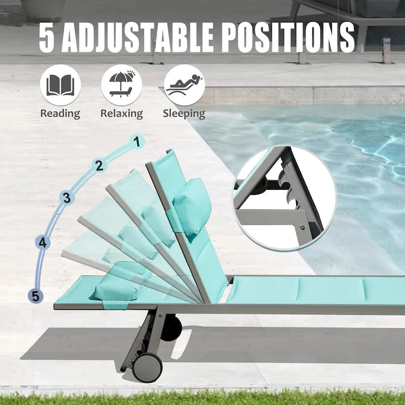 Ensemble de 3 chaises longues d'extérieur en aluminium avec table d'appoint et roulettes, fauteuil inclinable rembourré et réglable pour piscine, plage