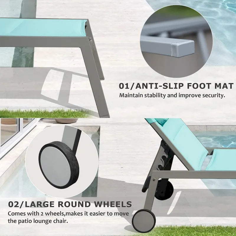 Ensemble de 3 chaises longues d'extérieur en aluminium avec table d'appoint et roulettes, fauteuil inclinable rembourré et réglable pour piscine, plage