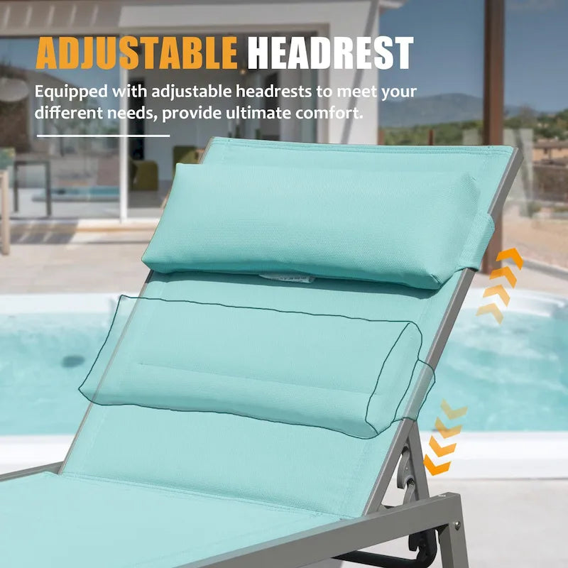 Ensemble de 3 chaises longues d'extérieur en aluminium avec table d'appoint et roulettes, fauteuil inclinable rembourré et réglable pour piscine, plage