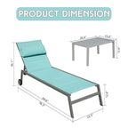 Ensemble de 3 chaises longues d'extérieur en aluminium avec table d'appoint et roulettes, fauteuil inclinable rembourré et réglable pour piscine, plage