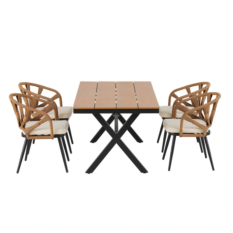Ensemble de jardin contemporain avec chaises en rotin synthétique et table en bois synthétique
