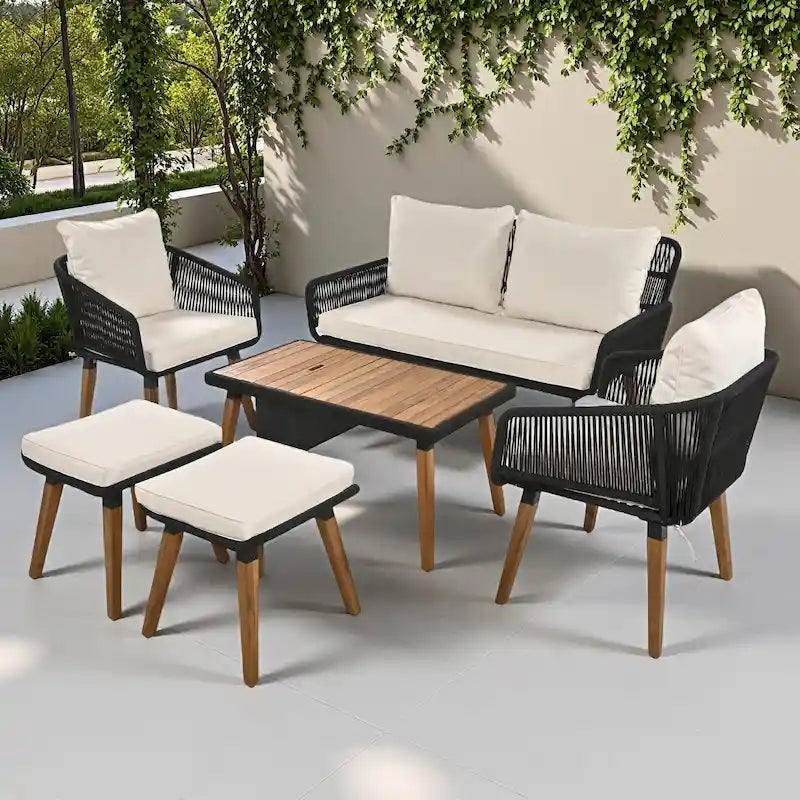 Ensemble de canapé de conversation en corde pour patio extérieur 6 pièces avec table de bar élégante en bois d'acacia et 2 tabourets