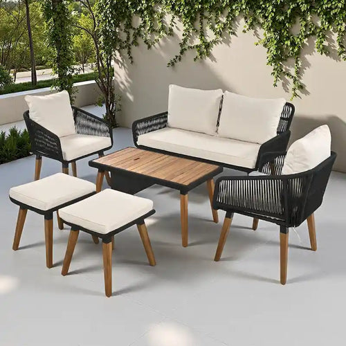 6-Piece Outdoor Patio Rope Conversation Sofa Set with Acacia Wood Cool Bar Table and 2 Stools