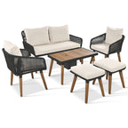 Ensemble de canapé de conversation en corde pour patio extérieur 6 pièces avec table de bar élégante en bois d'acacia et 2 tabourets