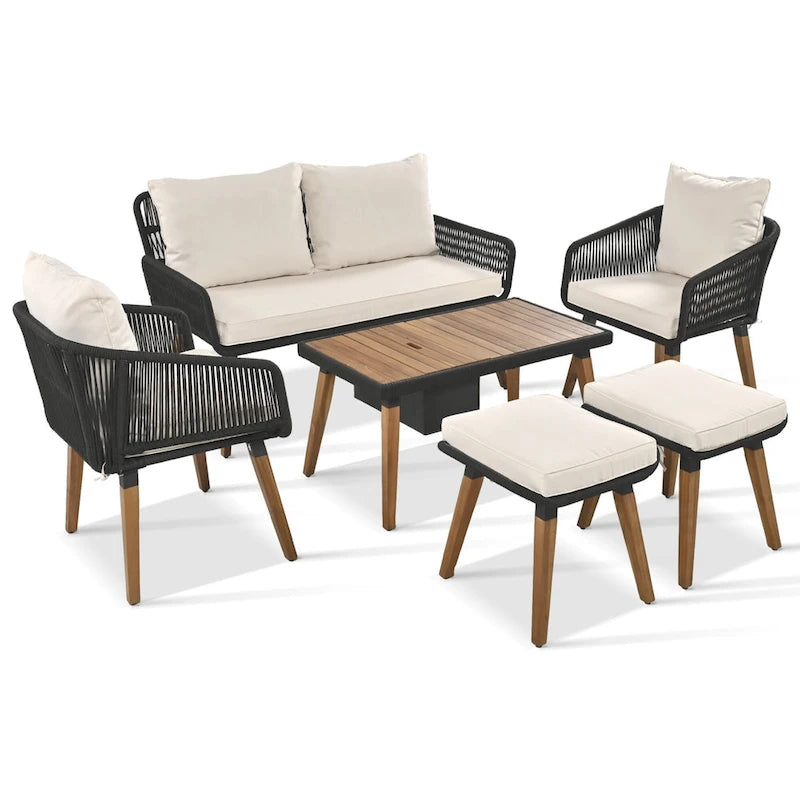 Ensemble de canapé de conversation en corde pour patio extérieur 6 pièces avec table de bar élégante en bois d'acacia et 2 tabourets