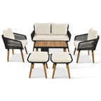 Ensemble de canapé de conversation en corde pour patio extérieur 6 pièces avec table de bar élégante en bois d'acacia et 2 tabourets
