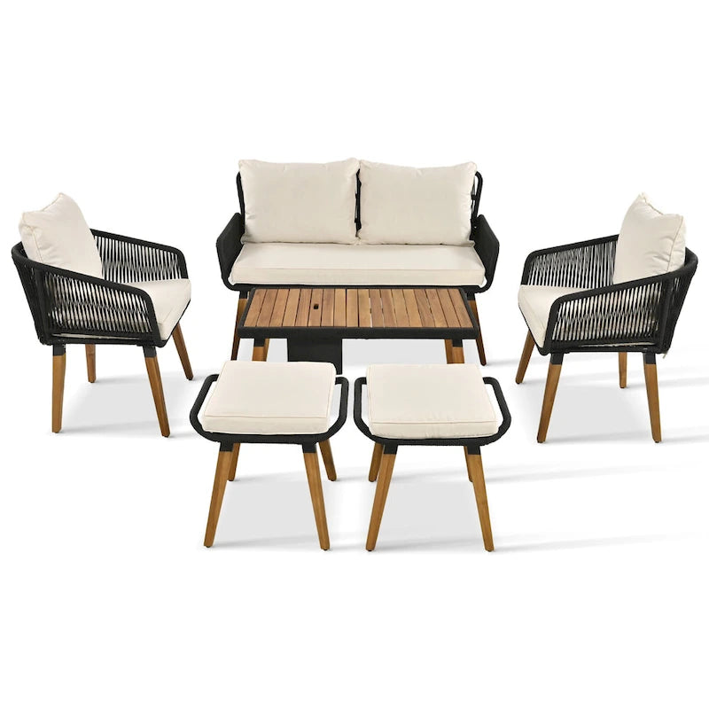 Ensemble de canapé de conversation en corde pour patio extérieur 6 pièces avec table de bar élégante en bois d'acacia et 2 tabourets