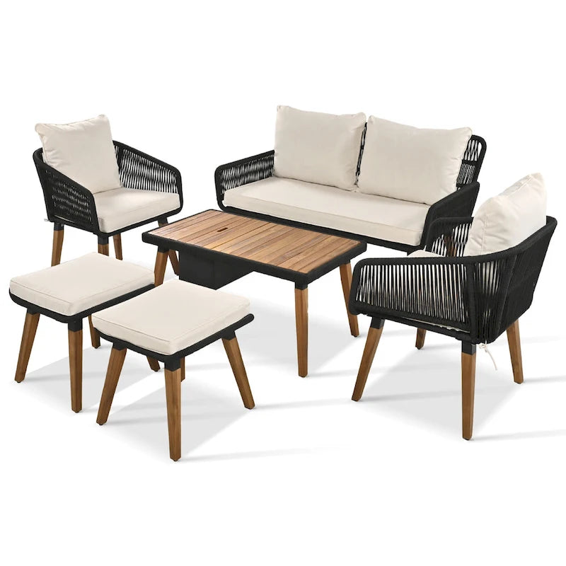 Ensemble de canapé de conversation en corde pour patio extérieur 6 pièces avec table de bar élégante en bois d'acacia et 2 tabourets