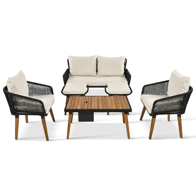 Ensemble de canapé de conversation en corde pour patio extérieur 6 pièces avec table de bar élégante en bois d'acacia et 2 tabourets