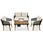 Ensemble de canapé de conversation en corde pour patio extérieur 6 pièces avec table de bar élégante en bois d'acacia et 2 tabourets