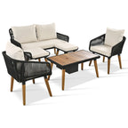 Ensemble de canapé de conversation en corde pour patio extérieur 6 pièces avec table de bar élégante en bois d'acacia et 2 tabourets