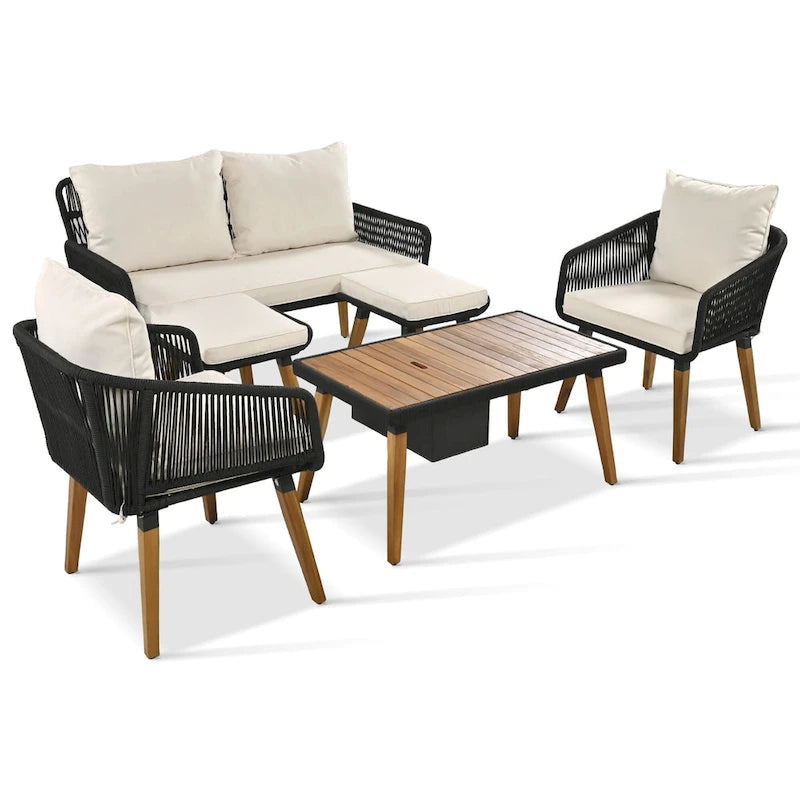 Ensemble de canapé de conversation en corde pour patio extérieur 6 pièces avec table de bar élégante en bois d'acacia et 2 tabourets