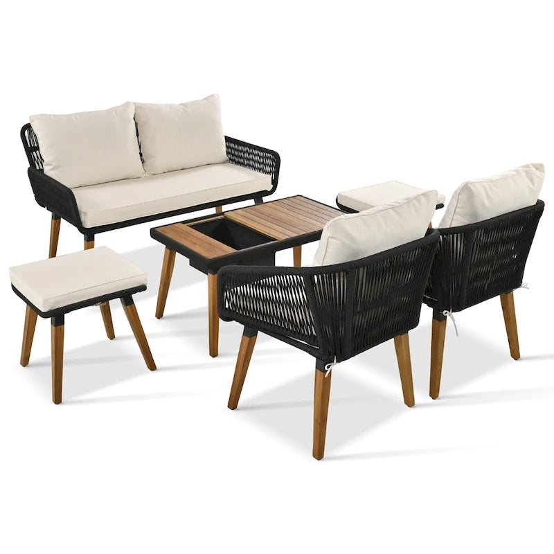Ensemble de canapé de conversation en corde pour patio extérieur 6 pièces avec table de bar élégante en bois d'acacia et 2 tabourets