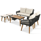 Ensemble de canapé de conversation en corde pour patio extérieur 6 pièces avec table de bar élégante en bois d'acacia et 2 tabourets