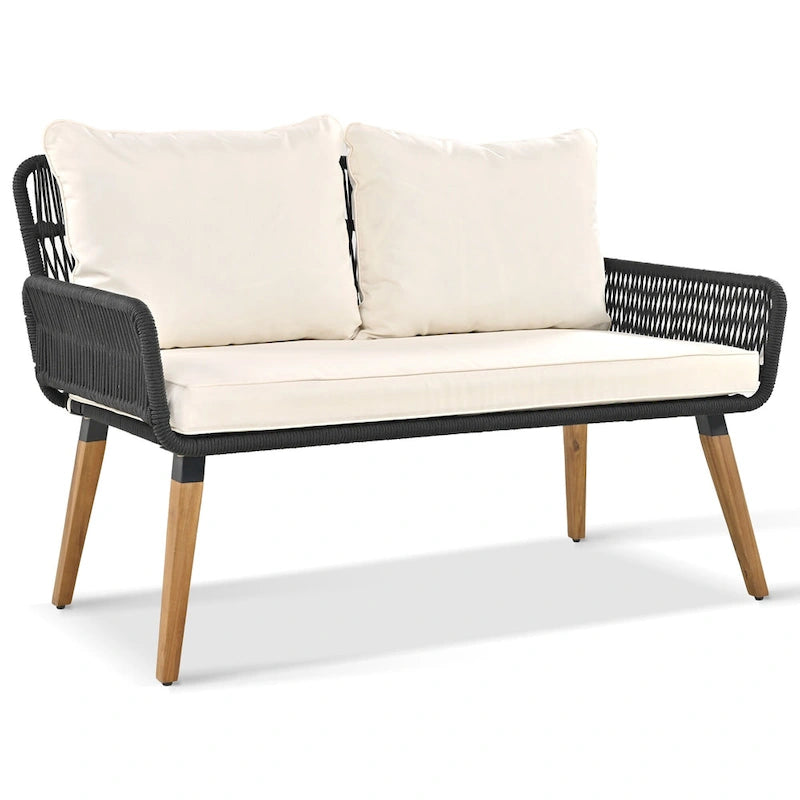 Ensemble de canapé de conversation en corde pour patio extérieur 6 pièces avec table de bar élégante en bois d'acacia et 2 tabourets