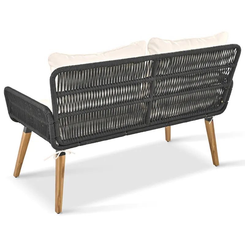 Ensemble de canapé de conversation en corde pour patio extérieur 6 pièces avec table de bar élégante en bois d'acacia et 2 tabourets