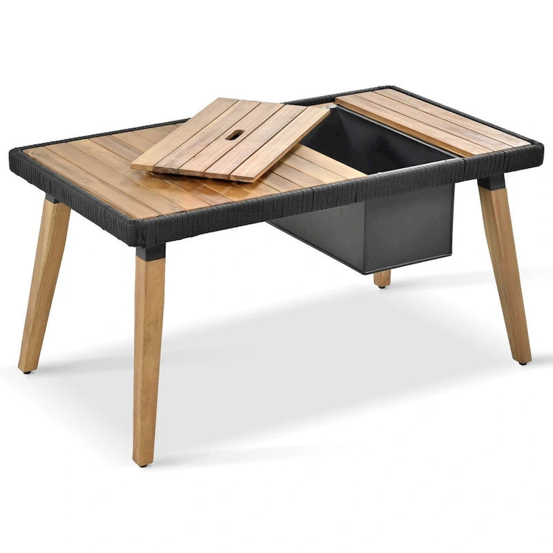 Ensemble de canapé de conversation en corde pour patio extérieur 6 pièces avec table de bar élégante en bois d'acacia et 2 tabourets