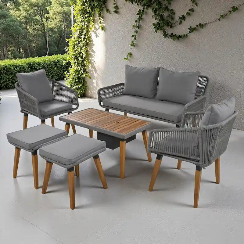 Ensemble de canapé de conversation en corde pour patio extérieur 6 pièces avec table de bar élégante en bois d'acacia et 2 tabourets
