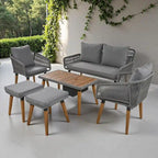 Ensemble de canapé de conversation en corde pour patio extérieur 6 pièces avec table de bar élégante en bois d'acacia et 2 tabourets
