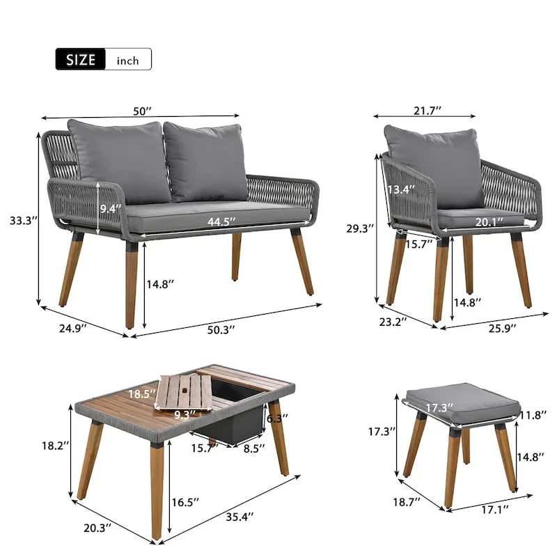 Ensemble de canapé de conversation en corde pour patio extérieur 6 pièces avec table de bar élégante en bois d'acacia et 2 tabourets