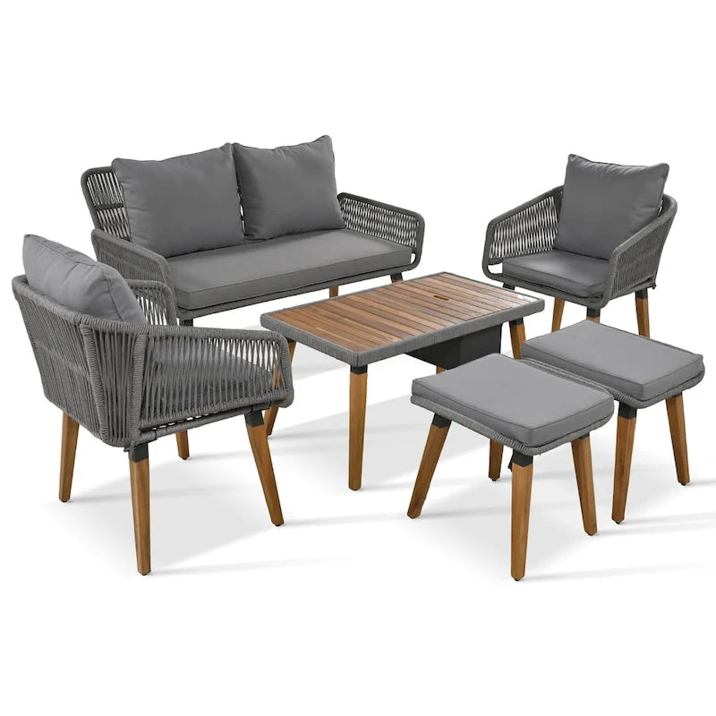 Ensemble de canapé de conversation en corde pour patio extérieur 6 pièces avec table de bar élégante en bois d'acacia et 2 tabourets