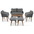 Ensemble de canapé de conversation en corde pour patio extérieur 6 pièces avec table de bar élégante en bois d'acacia et 2 tabourets