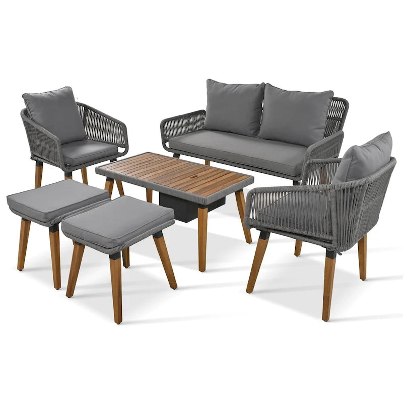 Ensemble de canapé de conversation en corde pour patio extérieur 6 pièces avec table de bar élégante en bois d'acacia et 2 tabourets