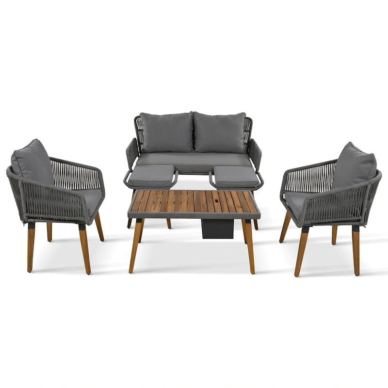 Ensemble de canapé de conversation en corde pour patio extérieur 6 pièces avec table de bar élégante en bois d'acacia et 2 tabourets