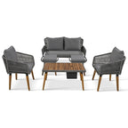 Ensemble de canapé de conversation en corde pour patio extérieur 6 pièces avec table de bar élégante en bois d'acacia et 2 tabourets