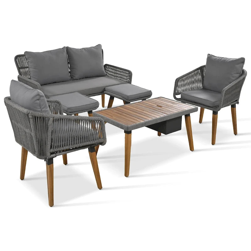 Ensemble de canapé de conversation en corde pour patio extérieur 6 pièces avec table de bar élégante en bois d'acacia et 2 tabourets