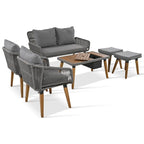 Ensemble de canapé de conversation en corde pour patio extérieur 6 pièces avec table de bar élégante en bois d'acacia et 2 tabourets