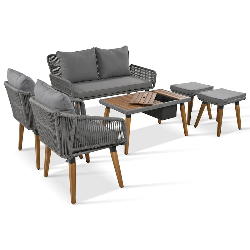 Ensemble de canapé de conversation en corde pour patio extérieur 6 pièces avec table de bar élégante en bois d'acacia et 2 tabourets