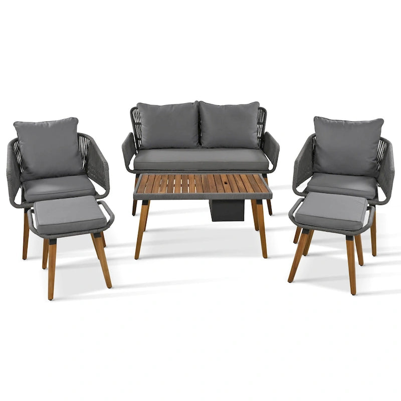 Ensemble de canapé de conversation en corde pour patio extérieur 6 pièces avec table de bar élégante en bois d'acacia et 2 tabourets