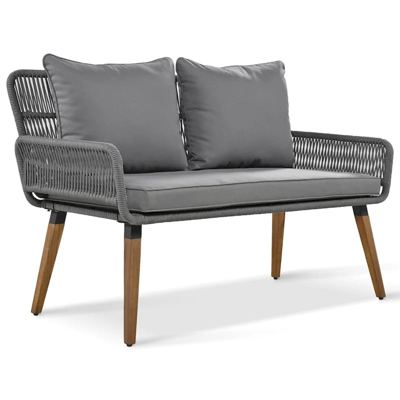 Ensemble de canapé de conversation en corde pour patio extérieur 6 pièces avec table de bar élégante en bois d'acacia et 2 tabourets