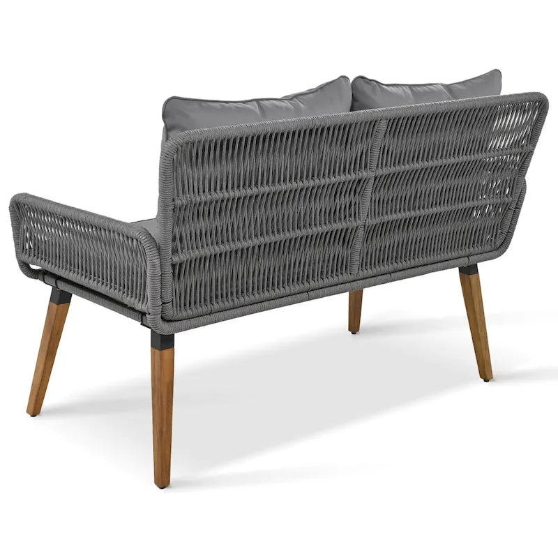Ensemble de canapé de conversation en corde pour patio extérieur 6 pièces avec table de bar élégante en bois d'acacia et 2 tabourets
