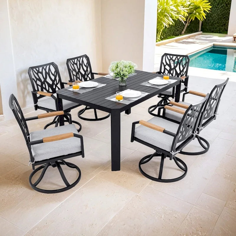Ensemble de salle à manger d'extérieur moderne en aluminium 7 pièces avec 6 chaises pivotantes à bascule et trou pour parasol